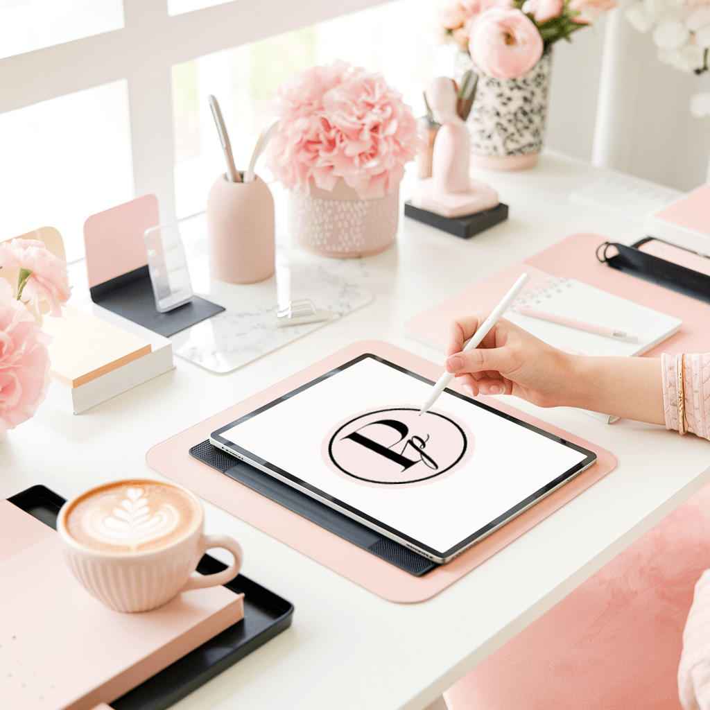 A Stylish Pink Workspace With An Ipad, Coffee, And Soft Floral Decor, Setting The Tone For A Post About Personalized Gifts And Custom Home Accents.