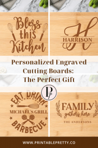 Four personalized engraved bamboo cutting boards, each featuring a different design and family name.