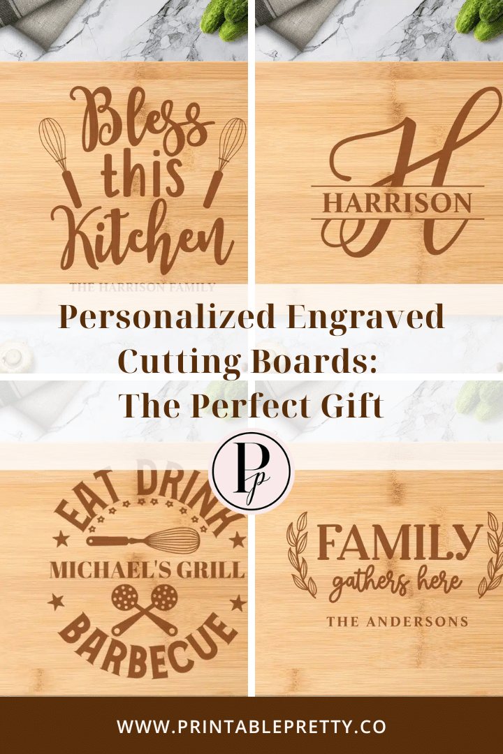 Four Personalized Engraved Bamboo Cutting Boards, Each Featuring A Different Design And Family Name.