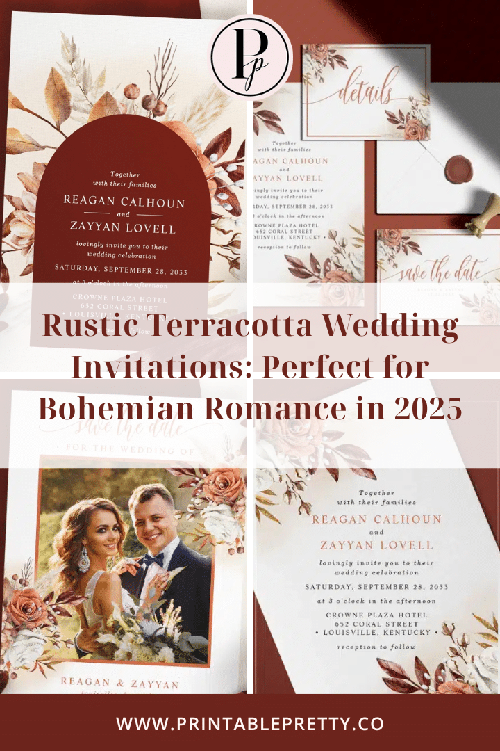 Rustic Terracotta Wedding Invitation Suite With Floral Details And A Photo Of The Couple.
