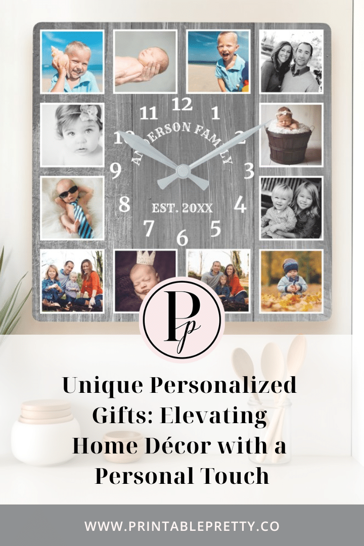 Gray Square Clock With Family Photos In Each Section.