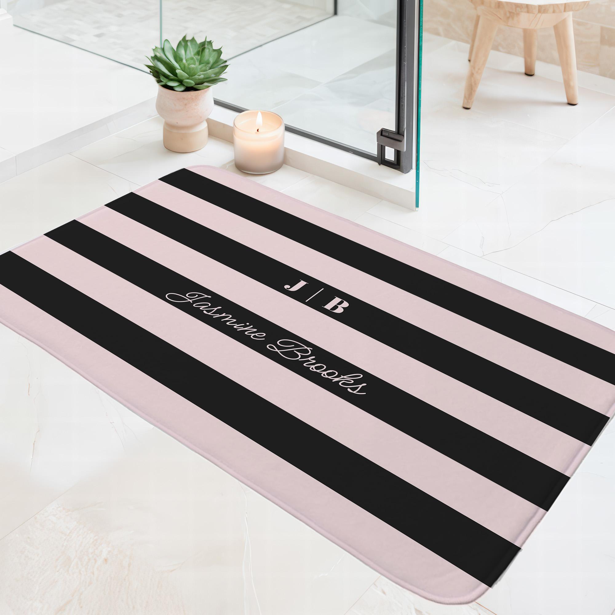 Memory Foam Bath Mats | Blush Pink And Black Wide Stripes Monogram Name Bath Mat