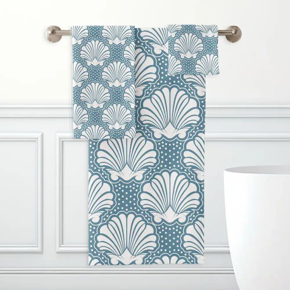 Unique Bathroom Towels | Blue &Amp; White Seashell Bath Towel Set