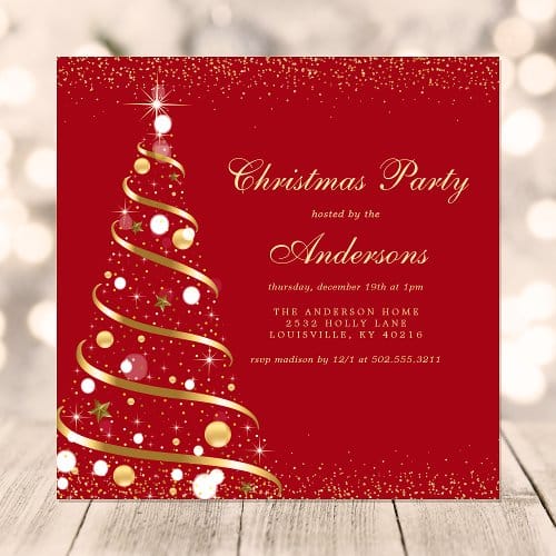 Holiday Party Invitations | Elegant Red Sparkle Christmas Tree Party Invitation