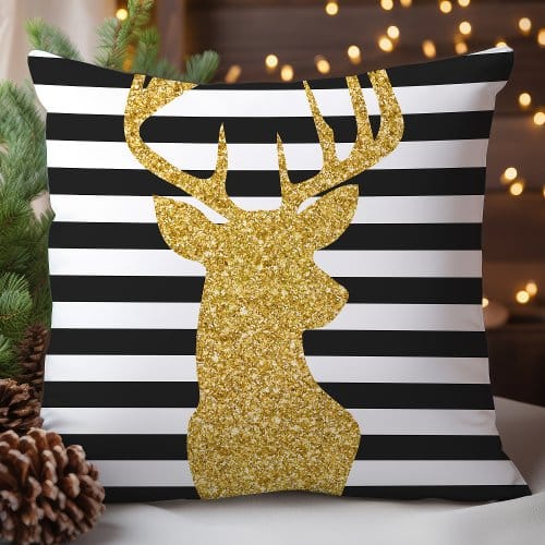 Christmas Throw Pillows | Festive Gold Glitter Deer Christmas Throw Pillow