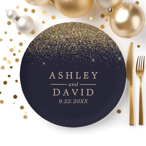 Wedding Tableware | Gold Confetti Navy Blue Modern Wedding Paper Plates