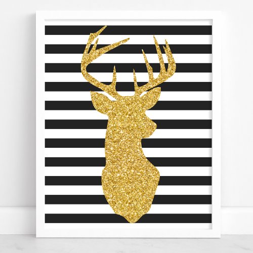 Christmas Wall Decor | Gold Glitter Deer Black And White Stripes Poster