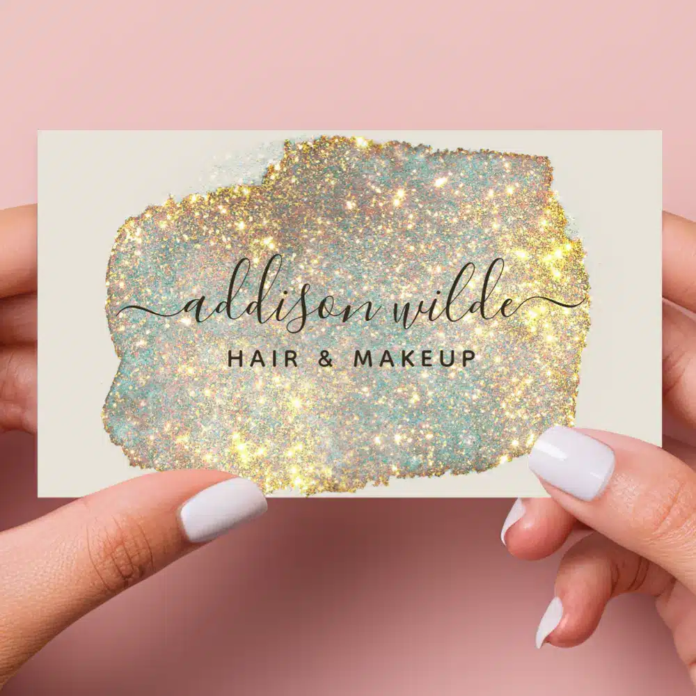 Holographic Glitter Business Card With Signature Script Text, Featuring A Modern And Elegant Design Ideal For Hairstylists And Beauty Professionals.