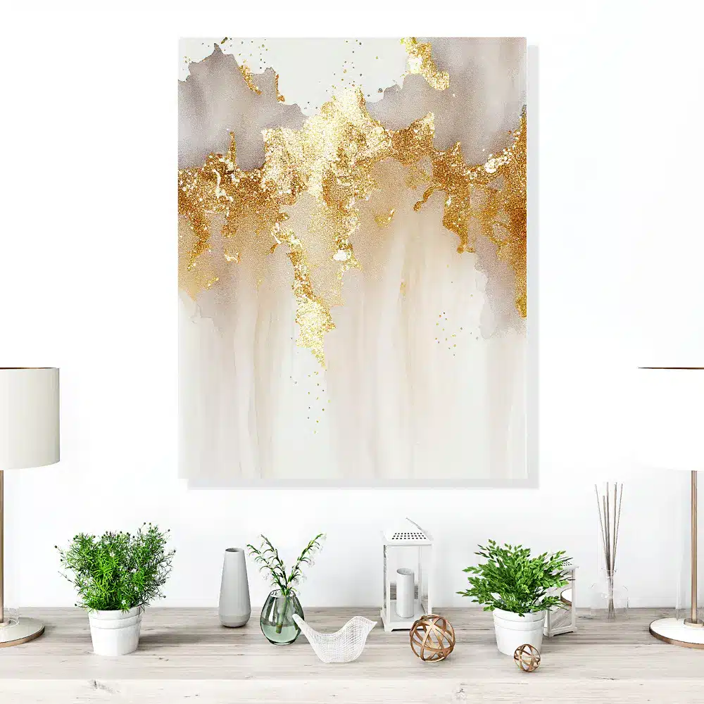 Gold Abstract Luxury Wall Art Featuring A Textured Metallic Gold Design On A Soft Neutral Background, Adding An Elegant And Sophisticated Touch To Home Decor.