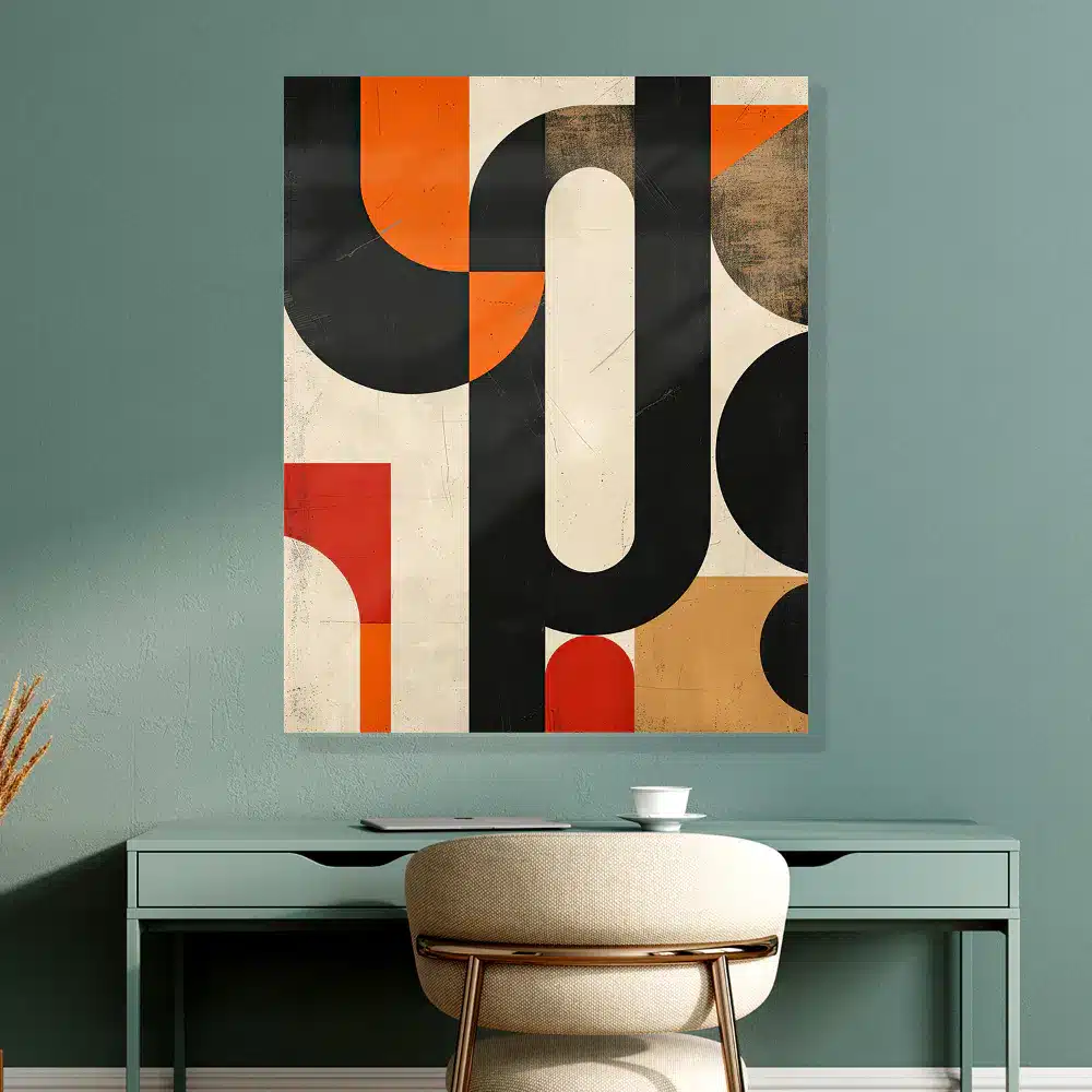 Modern Bold Geometric Shapes Wall Art In Shades Of Black, Orange, Red, And Beige, Featuring Abstract Patterns Perfect For Contemporary Decor.