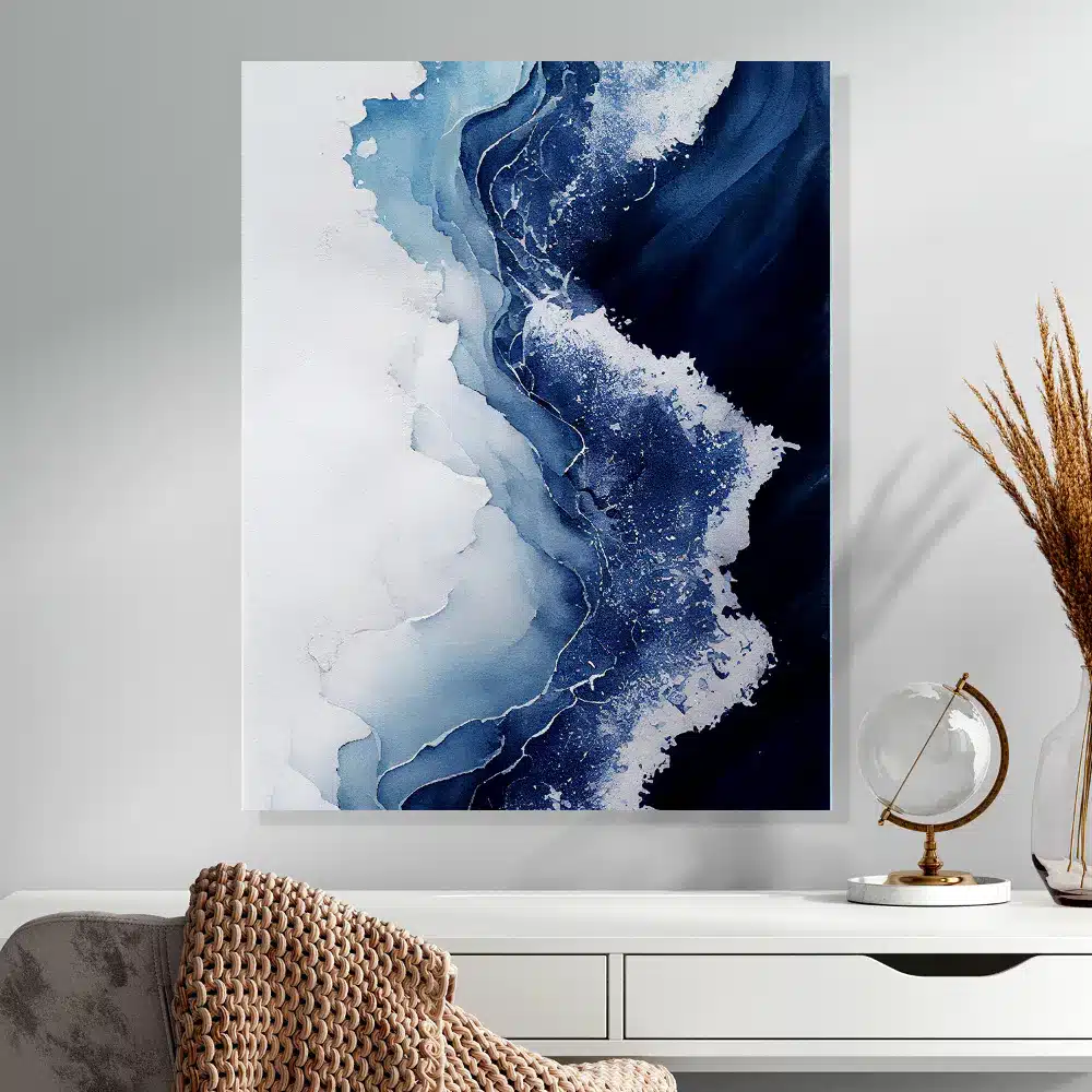 Abstract Ocean Wave Wall Art In Shades Of Deep Navy And Soft White, Featuring Textured Brushstrokes That Mimic Crashing Waves, Perfect For Coastal Or Modern Home Decor.