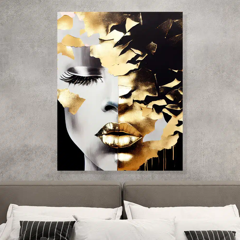 Modern Gold And Black Abstract Face Wall Art Featuring A Feminine Portrait With Gold Leaf Accents And Dramatic Contrasts, Perfect For Contemporary Interiors.