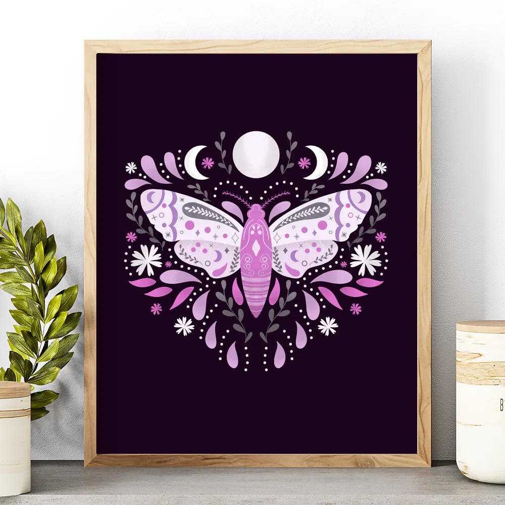 Art Prints And Wall Decor | Modern Purple And White Abstract Moth Illustration Poster