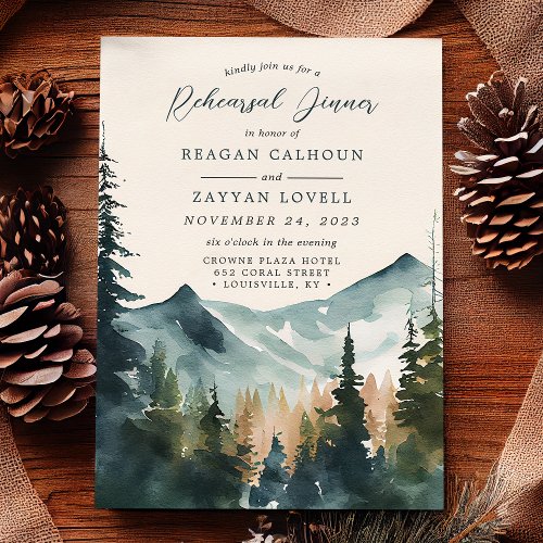 Wedding Rehearsal Dinner Invitations | Mountains And Pines Calligraphy Rehearsal Dinner Invitation