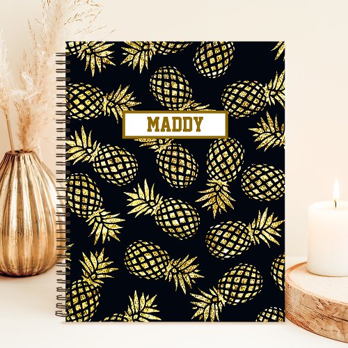 Custom Notebooks | Navy Blue Gold Pineapple Pattern Monogram Notebook