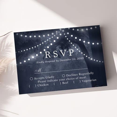 Wedding Rsvp Cards | Navy Blue Rustic Tree Lights Wedding Rsvp