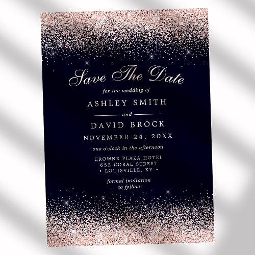 Wedding Save The Date Cards | Navy And Rose Gold Confetti Save The Date Card