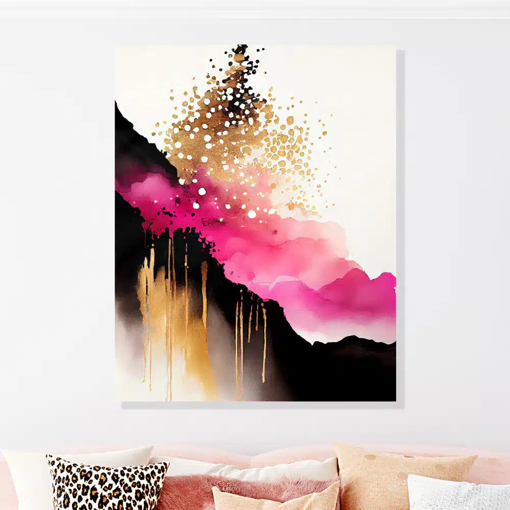 Pink And Gold Abstract Mountain Wall Art With Bold Brush Strokes And Metallic Gold Accents, Creating A Modern Statement Piece.