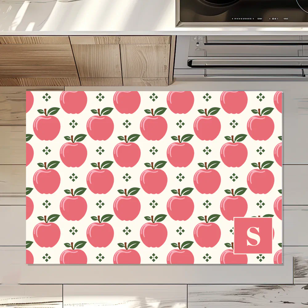 Area Rugs | Pink Apple Pattern Farmhouse Kitchen Monogram Rug