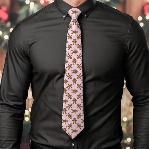 Custom Christmas Neckties | Pink Gingerbread Man Polka Dot Christmas Neck Tie