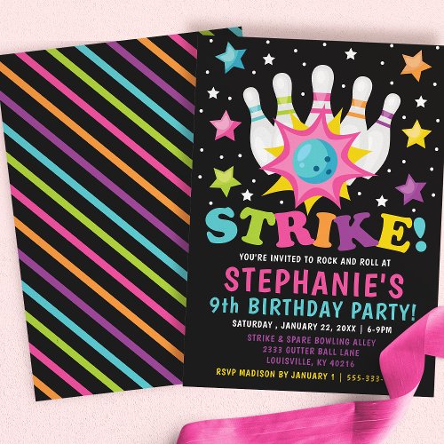 Birthday Party Themes | Rainbow Neon Bowling Birthday Party Invitation