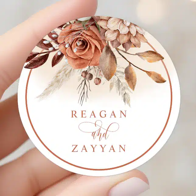 Rustic Terracotta Flowers And Pampas Grass Classic Round Sticker Rustic Terracotta Wedding Invitations: Perfect For Bohemian Romance In 2025