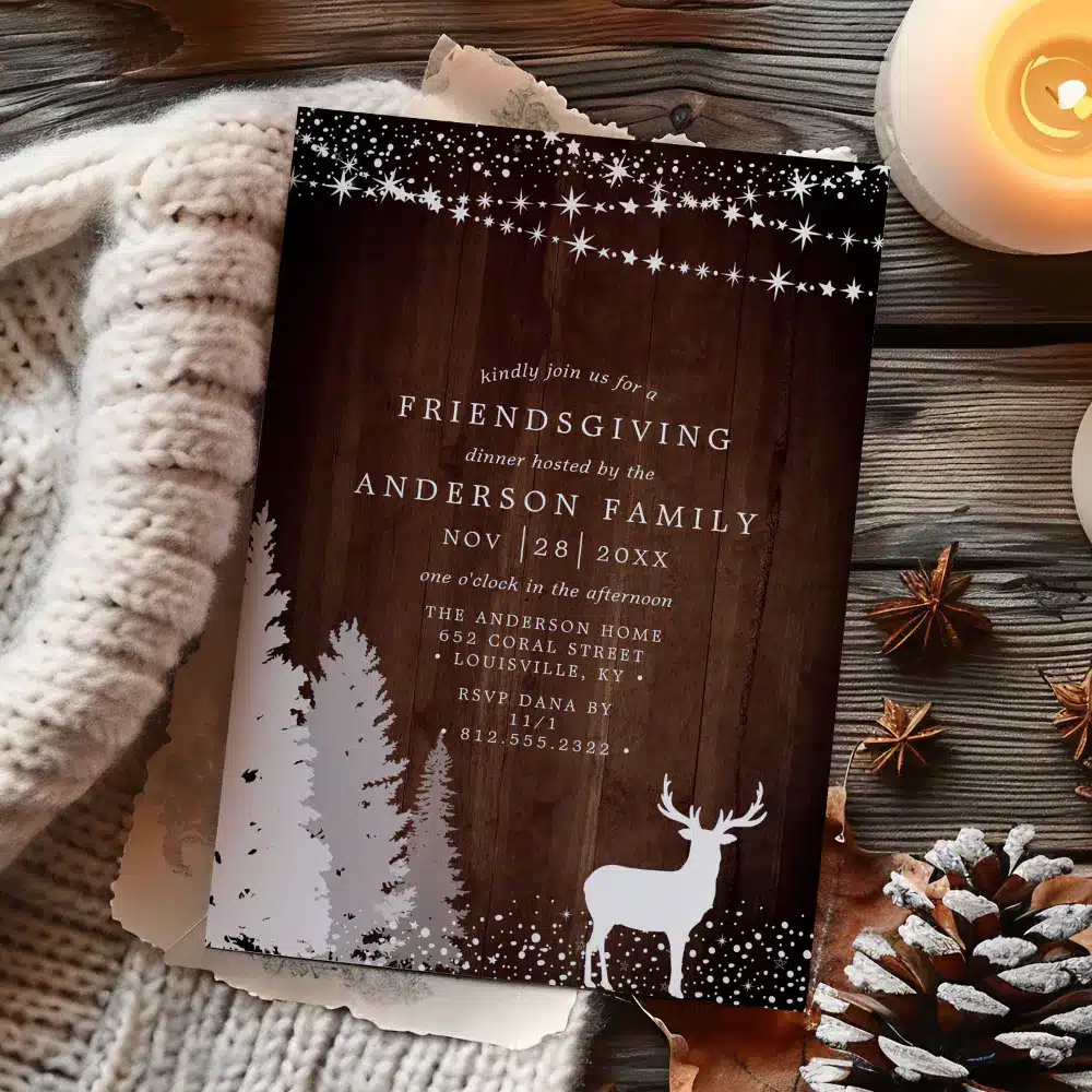 Thanksgiving Decor | Rustic Winter Deer Woodland Friendsgiving Dinner Invitation