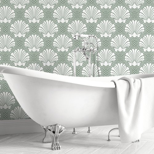 Custom Wallpaper | Sage Green And White Seashell Coastal Bathroom Wallpaper