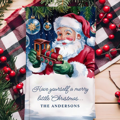 Holiday Kitchen Towels | Santa Claus With Train Personalized Christmas Kitchen Towel