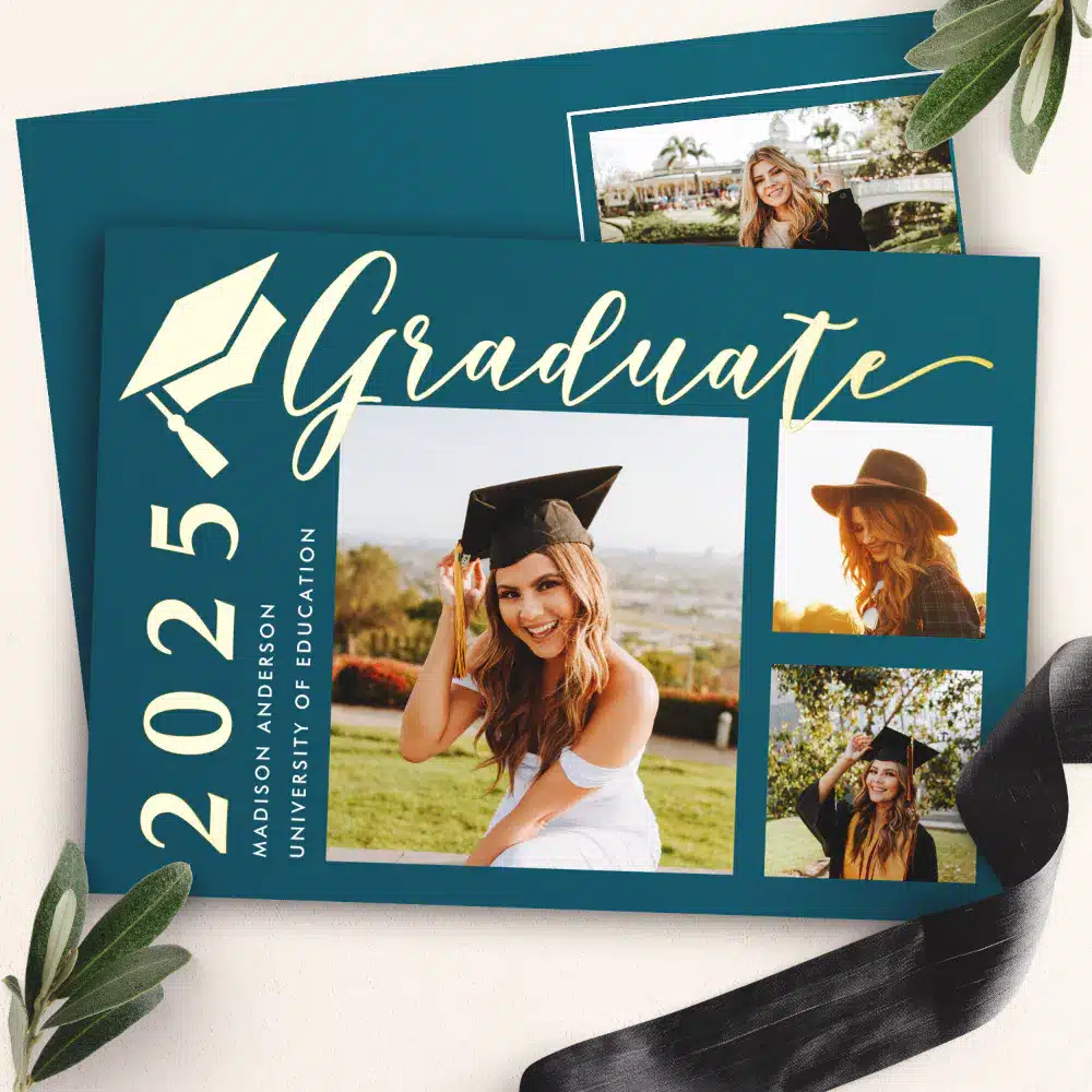 Graduation Invitations | Teal Grad Cap Photo Foil Graduation Announcement