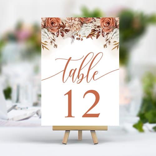 Wedding Table Numbers | Terracotta Flowers Pampas Grass Wedding Table Number