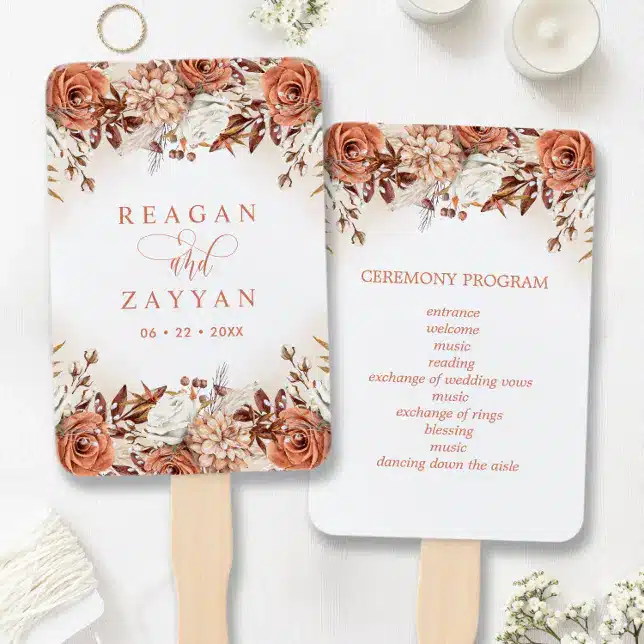 Terracotta Flowers Pampas Wedding Program Hand Fan Rustic Terracotta Wedding Invitations: Perfect For Bohemian Romance In 2025