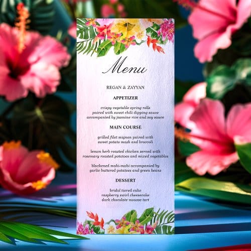 Wedding Menus | Tropical Hibiscus Floral Palms Wedding Menu