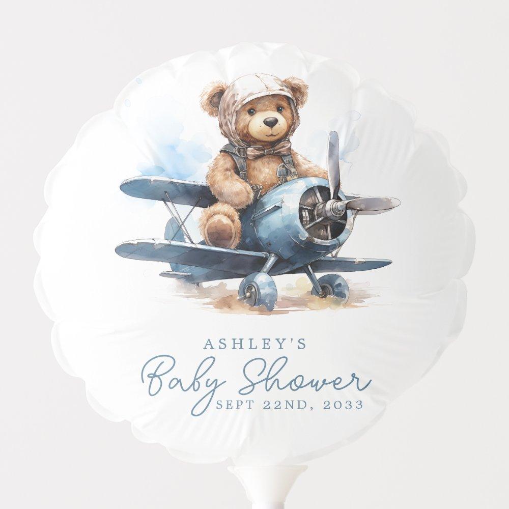 Baby Shower Balloons | Teddy Bear Airplane Watercolor Boy Baby Shower Balloon