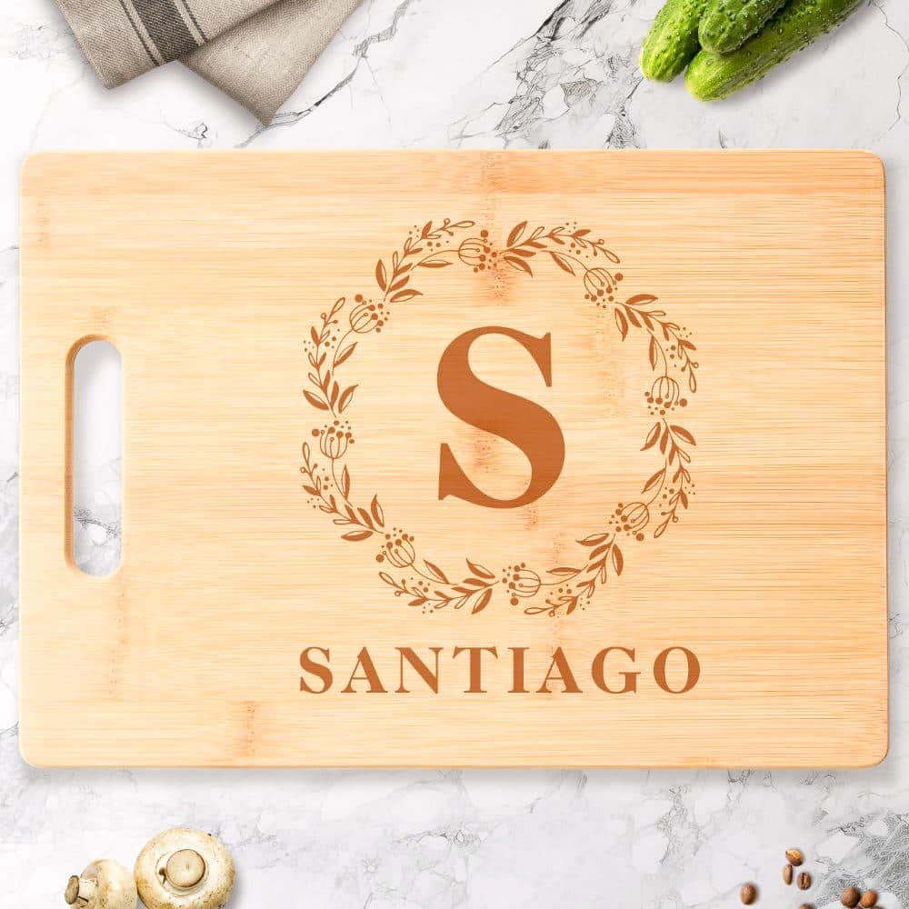 Unique Personalized Gifts | Botanical Wreath Family Name Rustic Monogram Engraved Cutting Board