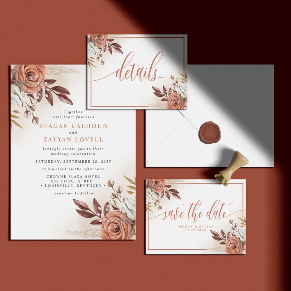 Rustic Terracotta Wedding Invitations | Rustic Terracotta Flowers And Pampas Grass Wedding Suite