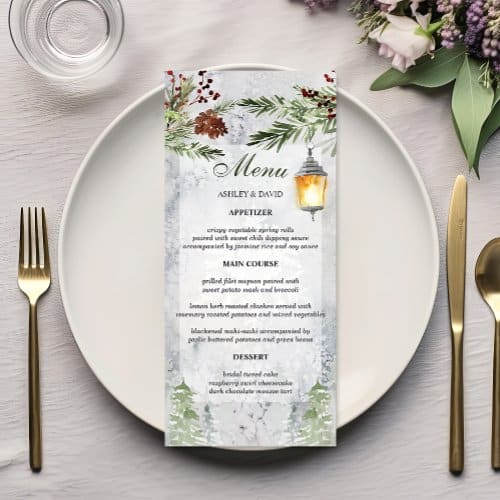 Wedding Menus | Winter Rustic Pine Lantern Wedding Menu