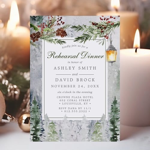 Wedding Rehearsal Dinner Invitations | Winter Rustic Pine Trees Lantern Rehearsal Dinner Invitation