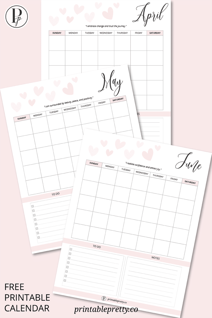 A Free Printable Undated Calendar Featuring A Soft Pink Heart Theme, Spacious Monthly Planning Sections, And Motivational Affirmations For Goal Setting And Organization.