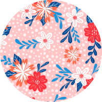 Pink Circle With A Floral Pattern Featuring Red, White, And Blue Flowers And Leaves.