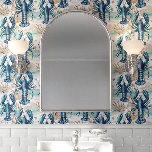 Home Decor And Living | Blue Lobsters And Seashells Coastal Wallpaper
