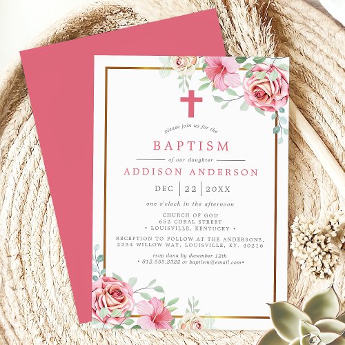 Other Occasions | Elegant Floral Pink And Gold With Cross Baptism Invitation