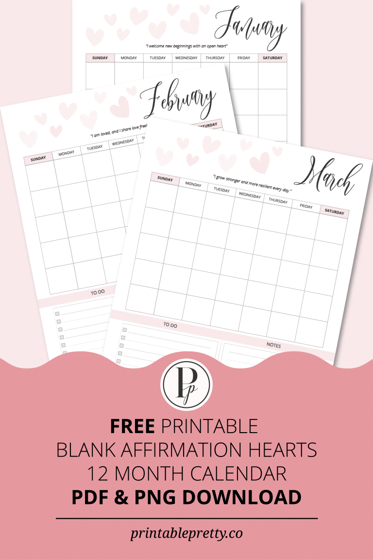 Free Printable Pretty Calendar Hearts Edition. A Free Printable 12-Month Calendar Featuring Soft Pink Affirmation Hearts, Blank Spaces For Planning, And Elegant Script Typography. Available As A Digital Download.