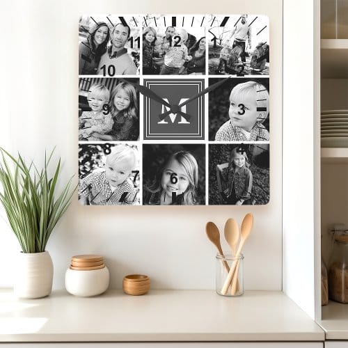 Gray Monogram Family Photo Collage Square Wall Clock Home Decor And Living