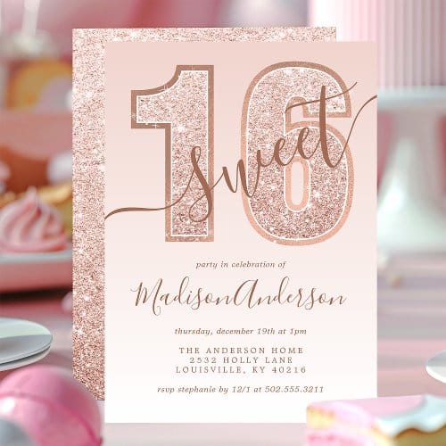 Other Occasions | Rose Gold Glitter Script Sweet 16 Birthday Party Invitation
