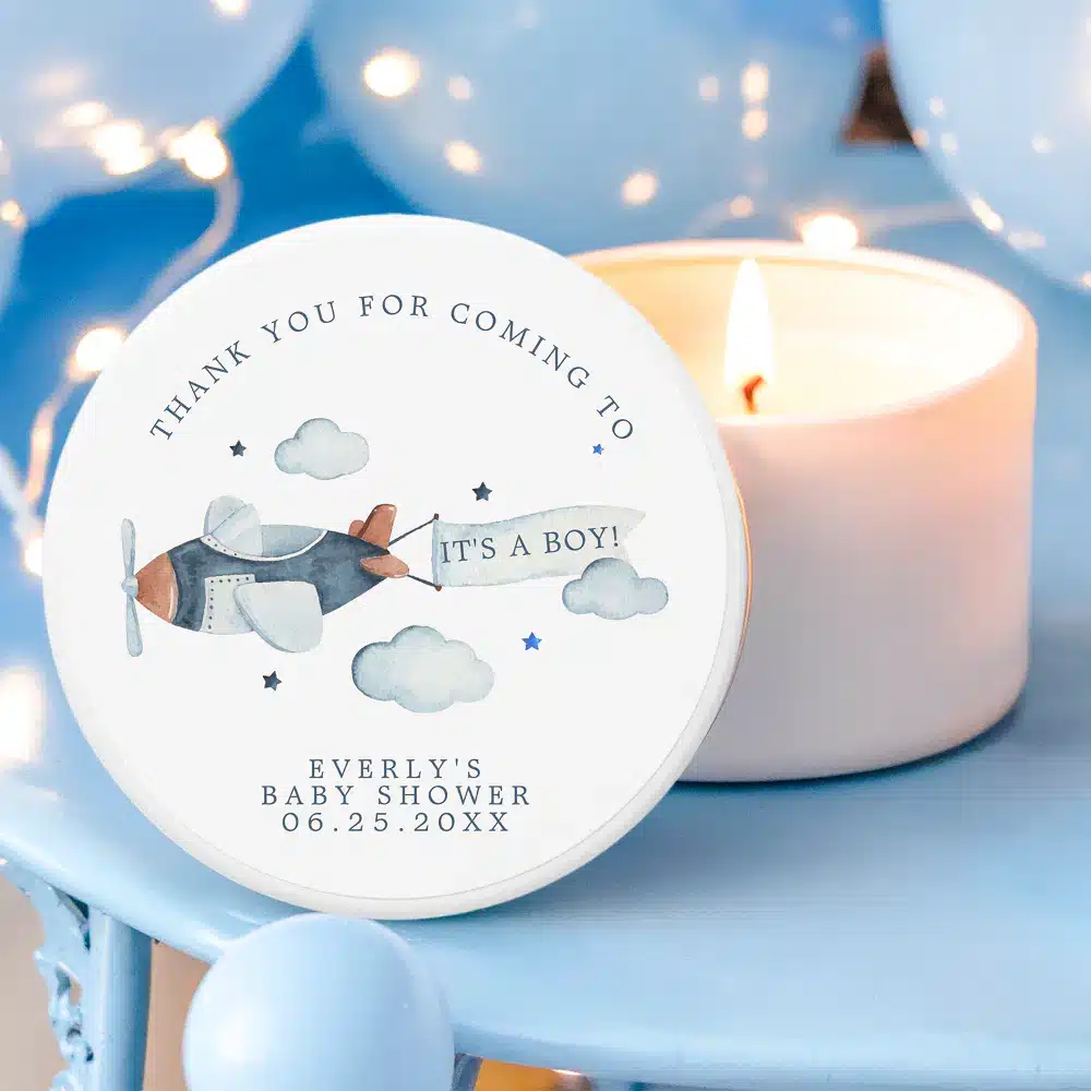 Vintage Airplane Baby Shower | Vintage Airplane Boy Baby Shower Thank You Mini Candle Favors