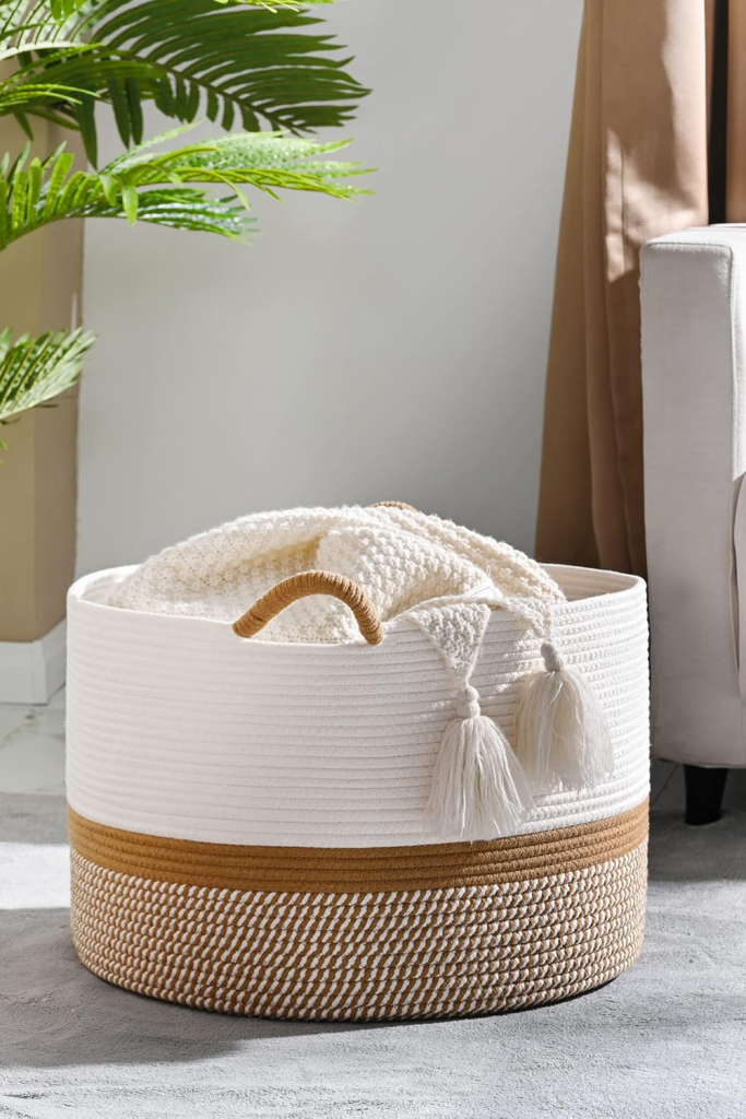 Beige Aesthetic Home Decor - Large Blanket Basket