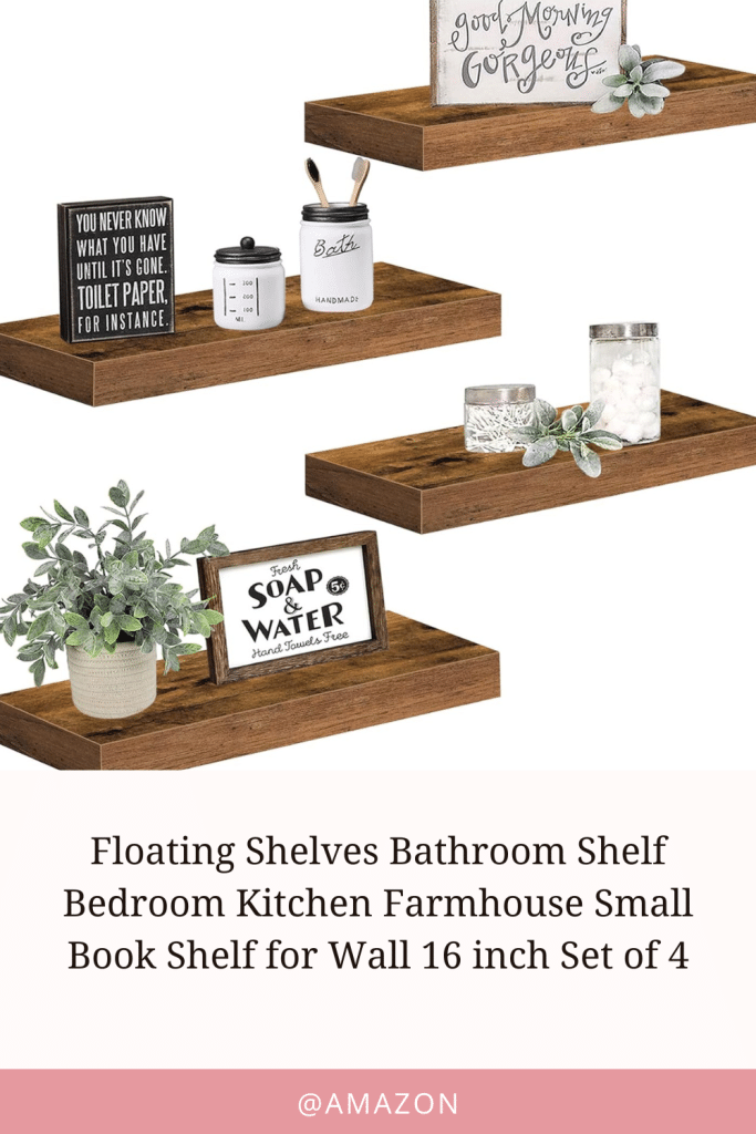 Curated Personalized Home Decor A Set Of 4 Farmhouse-Style Floating Shelves Mounted On A Wall, Displaying Decorative Items.