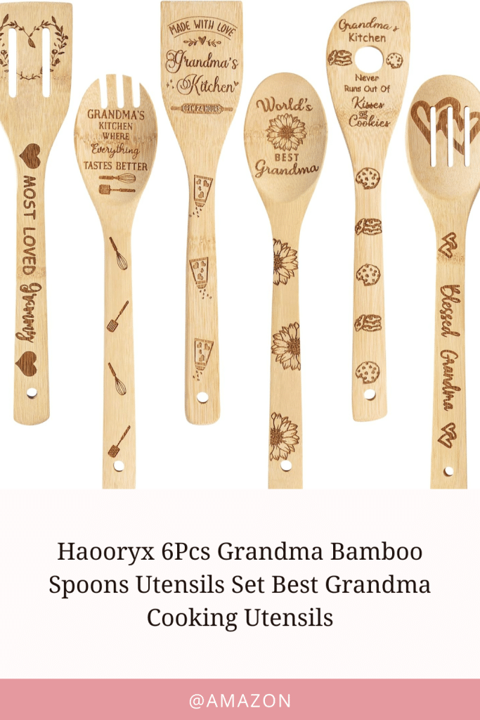 A Set Of 6 Bamboo Cooking Spoons With Engraved Messages For Grandma.