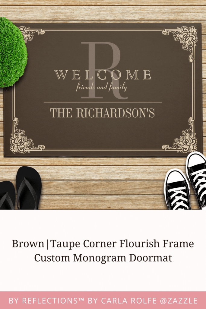 A Brown And Taupe Doormat With A Decorative Corner Flourish Frame And A Custom Monogram.